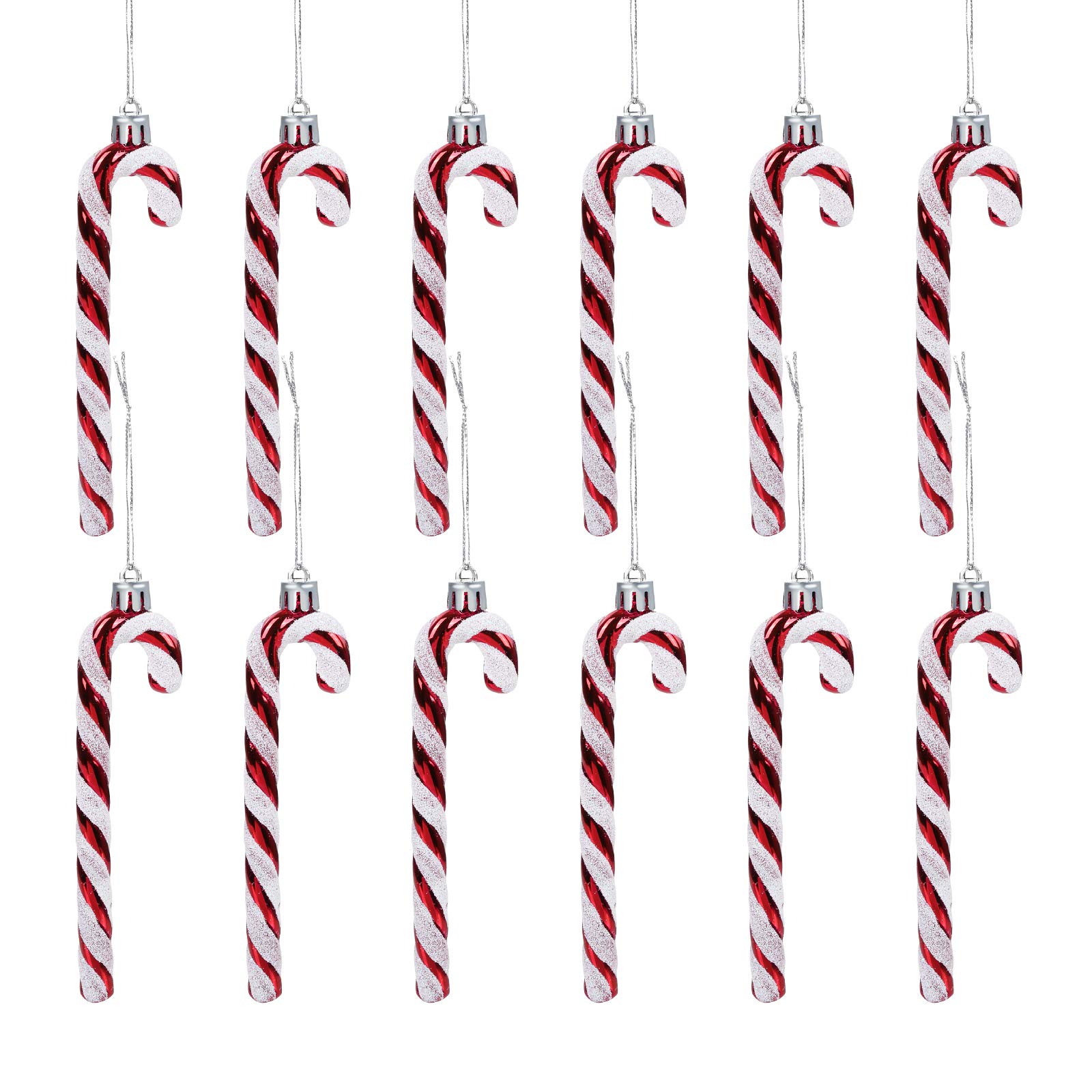GWHOLE 12 Pack Candy Cane Christmas Decorations Red and White Baubles Small Hanging Glitter Ornament for Christmas Tree Garland Decoration Xmas Decor