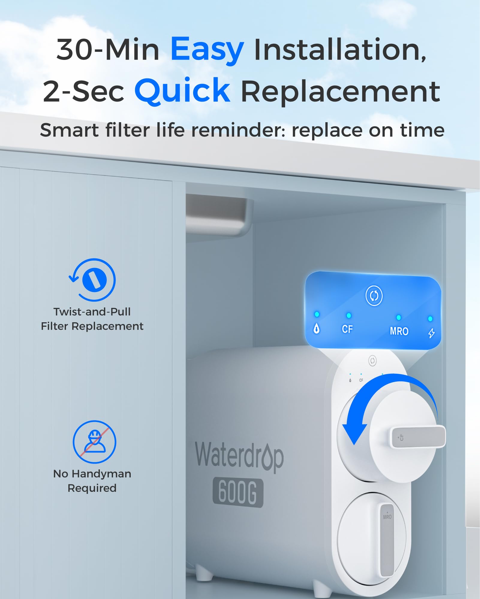 Waterdrop WD-G2CF Filter, Replacement for WD-G2-W, WD-G2-B, WD-G2P600-W Reverse Osmosis System,12-month Lifetime