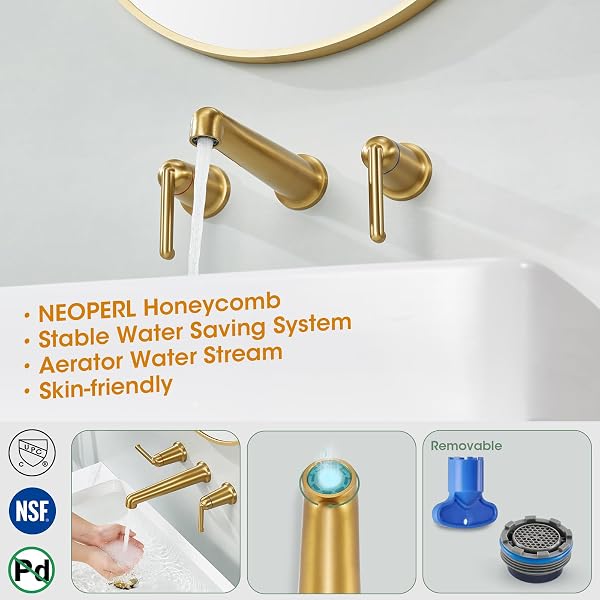 SOEBIZ WALL MOUNT BATHROOM FAUCET, WIDESPREAD 3 HOLES BRASS VESSEL FAUCETS FOR BATHROOM, TWO HANDLES BRUSHED GOLD WALL MOUNTED SINK FAUCETS SZ9905BG