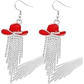 RechicGu Western Cowgirl Enamel Hat Sparkly Rhinestone Tassel Dangle Earrings Prom Country Concerts Rodeo Cowboy Outfits Jewelry Gift for Women