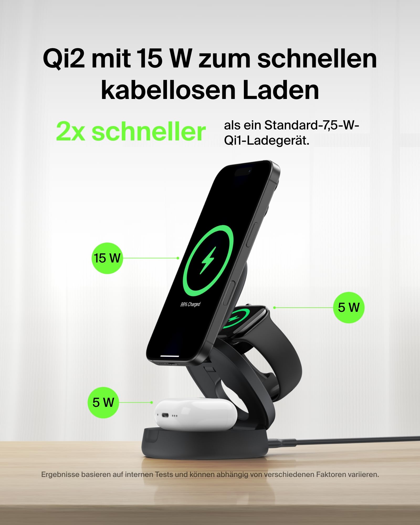 Belkin BoostCharge 3-in-1 Induktive Ladestation mit Qi2, 15W, MagSafe-kompatibles Ladegerät, Kabellose, Verstellbare, für iPhone 17, Air, Pixelsnap, Apple Watch, AirPods, inkl. 30-W-Netzteil – Schwarz 3