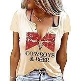 Cowboys & Beer Shirt for Women Country Music Tshirt Vintage Western Steer Skull Graphic Tees Cowboy Rodeo Blouse Top