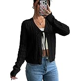 Narecte Cardigan Sweaters for Women V Neck Cropped Bow Tie Front Cardigan Long Sleeve Tops Knit Fall Winter Outfit