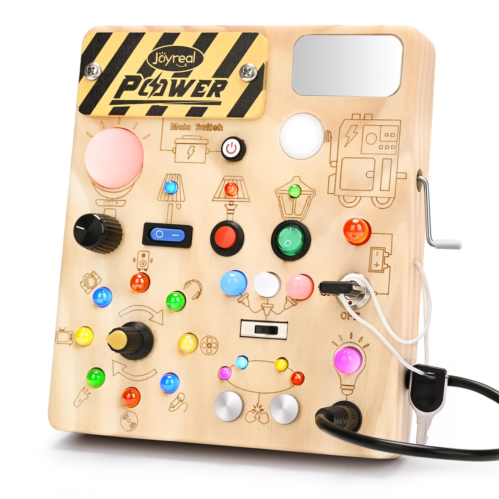 Joyreal Montessori Busy Board for Toddlers, LED Activity Board with Hand Crank Generator, 22 LED Lights & 11 Switches - Sensory Educational Toy for Fine Motor Skills, Gift for Boys Girls 1 2 3 Years