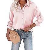 Chigant Women's Blouse Satin Silk Shirts Button Down Shirts Casual Loose Long Sleeve Office Work Tunic Tops