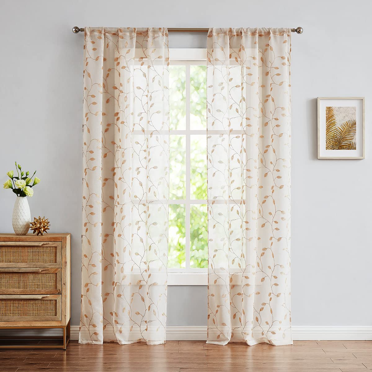 Fragrantex Christmas Linen Sheer Curtains 84 Inches for Living Room Leaf Embroidery Patterned Sheers Voile Window Curtains Draperies for Bedroom/Patio Rod Pocket 38" W x 84" L, 2 Panels, Champagne