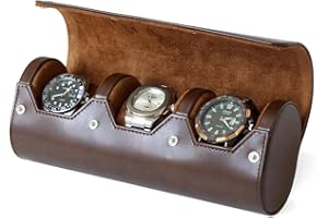 Besforu watch box organizer for mens watch case travel roll Portable 3 Watch Display Storage with Velvet Sections to Holder Large Watch (Dark Brown)