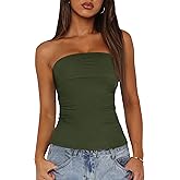 BTFBM Womens Strapless Tube Tops Spring Summer Clothes 2026 Trendy Casual Ruched Stretchy Going Out Bodycon Bandeau Top