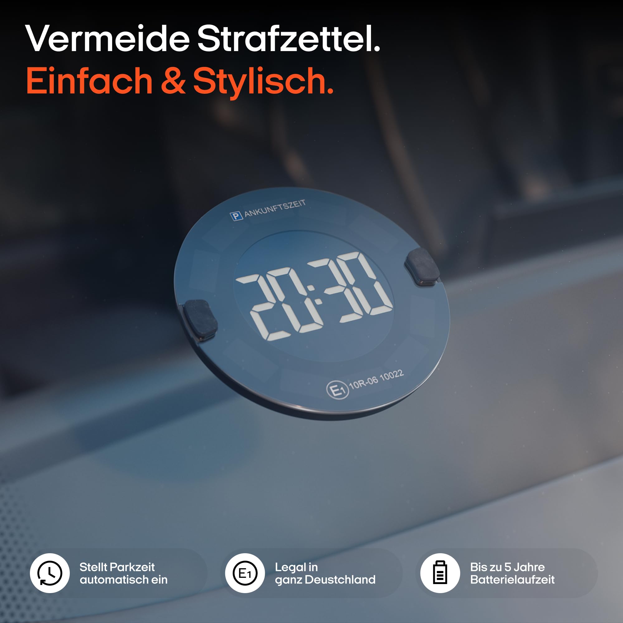 OOONO P-DISC 3 - Elektronische Parkscheibe Solar mit Zulassung fürs Auto - Automatische Digitale Parkscheibe Elektrisch - Solarbetriebene Parkuhr mit bis zu 5 Jahre längerer Batterielaufzeit 2