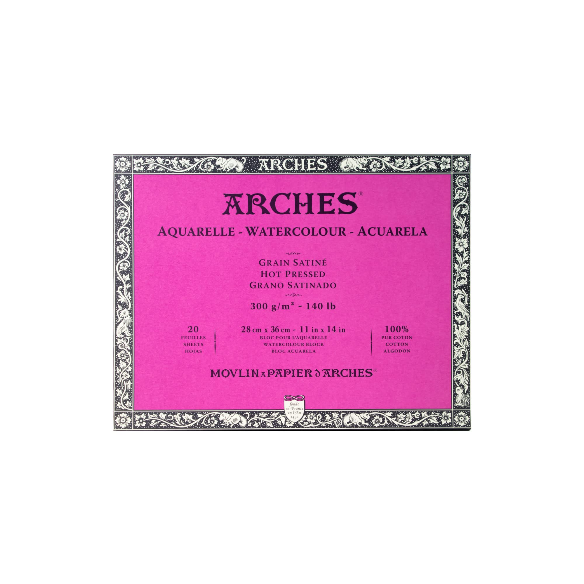 Arches 1711604 Watercolour Pad, 20 Sheets of Watercolour Paper in Natural White, 300 g/m², High Colour Fastness, Ageing Resistance, Satin Finish, 28 x 36 cm