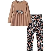 Yekaty Girls Clothing Set 2 Pcs Floral Soft Crewneck Long Sleeve Top+Leggings Loose Outfits With Bowknot