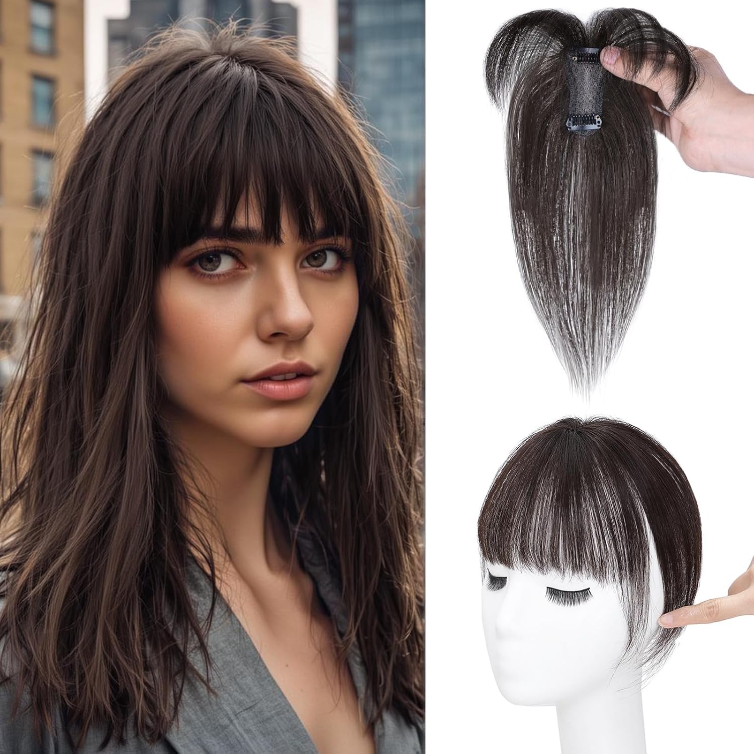 Clip in Real Human Hair Pieces - Bangs, Fringe Clip On for Women - Brown & Black 360° Full Coverage Temples Wispy Bangs Extensions — image 1