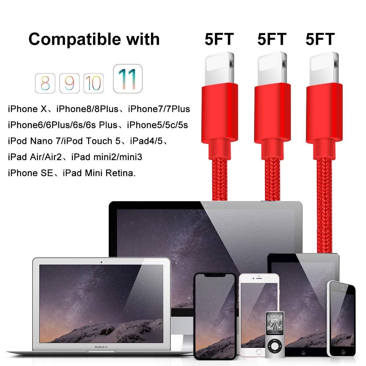 Phone Charger -3PACK 5FT Nylon Braided Charging Cable Cord USB Charger Cable High Speed Connector Data Sync Transfer Cord Compatible with Phone XS MAX XR X 8 7 plus 6s 6 Plus SE 5S 5C 5 Red