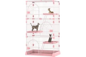 YIFOR 4-Tier Wire Cat Cage Playpen Kennel, Cat Catios Large Space 30 x 20 x 52.5 Inches for 1-3 Cats, Pink Cat Crate with 3 Platforms 3 Front Doors 2 Ramp Ladders
