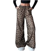 GORGLITTER Women's Leopard Cheetah Print Pants Baggy Wide Leg Flare Pants with Pockets