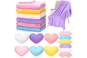 Fanfanwin 18 Pcs Kids Sleepover Party Supplies Set for Girls Fleece Soft Blankets Fluffy Heart Throw Pillow Plush Sleep Eye Mask for Spa Camping Birthday Favors(Light Color)