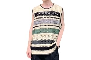 Arssm Mens Crochet Sweater Vest Color Block Knit Vest Sleeveless Crewneck Blouses Tops Hollow Out Tank Top