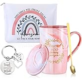 Hoolerry 3 Pcs Appreciation Gifts for Women Thank You Coffee Mug Cups with Lids Spoon Inspirational Cosmetic Bag Keychain for Teacher(Cute Style)