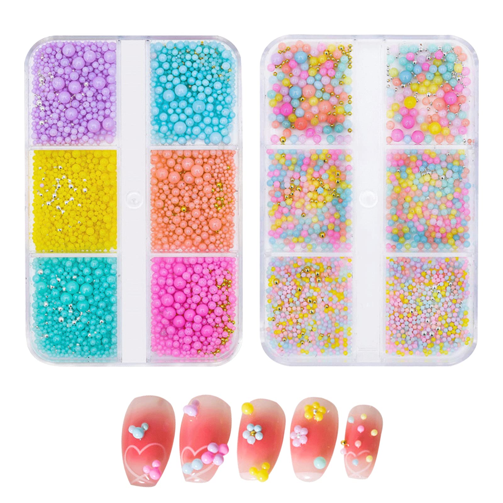 Caviar Beads for Nails,2Boxes 12Grids Macaron Colorful Micro Caviar Beads with Gold Silver Mini Steel Balls,Candy Color Nail Beads Nail Art Accessories for Manicure Design Decorations DIY Crafts