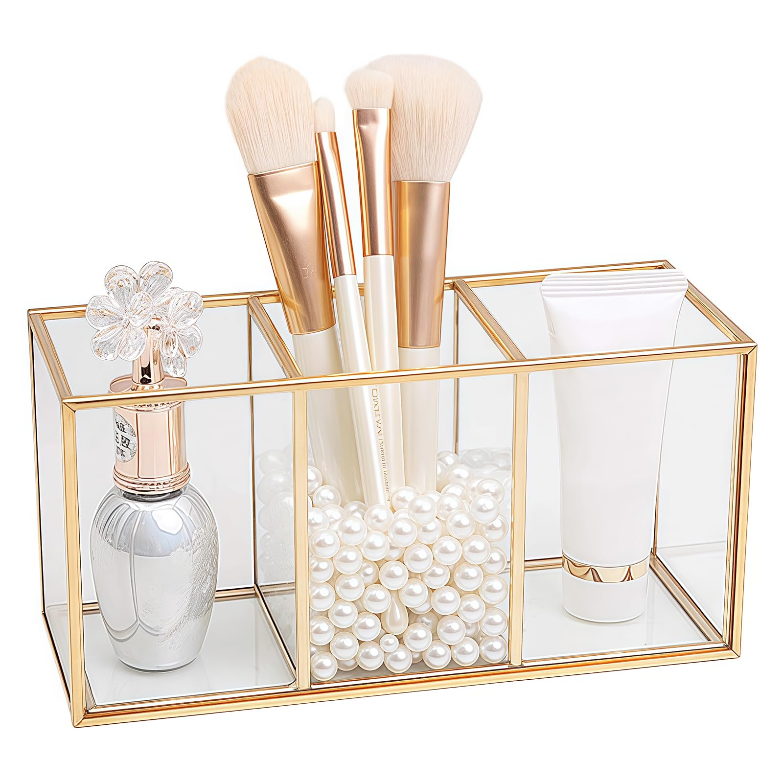 SLHEQING Makeup Brush Holder Glass and Brass Cosmetic Storage Organizer Makeup Storage for Brushes, Eyeliner, Pen, Lipstick and More (Gold A)
