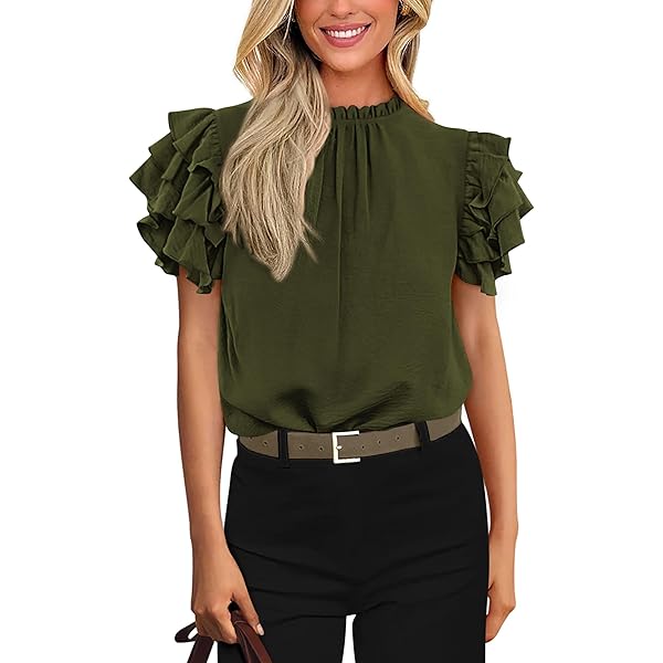 Women Elegant Blouses Shirts Frilled Neck Flounce Sleeve Blouse