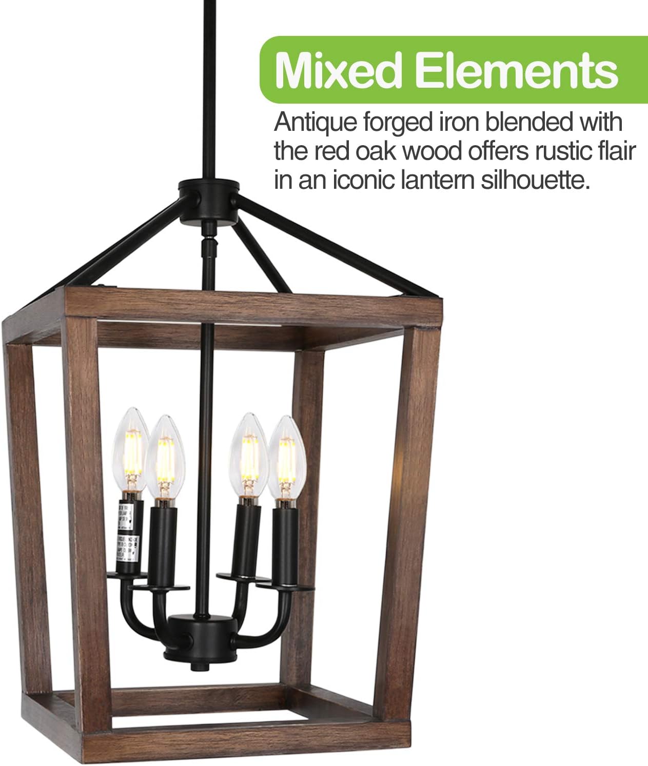 4-Light Rustic Chandelier, Adjustable Height Lantern Pendant Light with Oak Wood and Iron Finish, Farmhouse Lighting Fixtures for Dining Room, Kitchen, Hallway and Entryway, ETL Listed - - 
