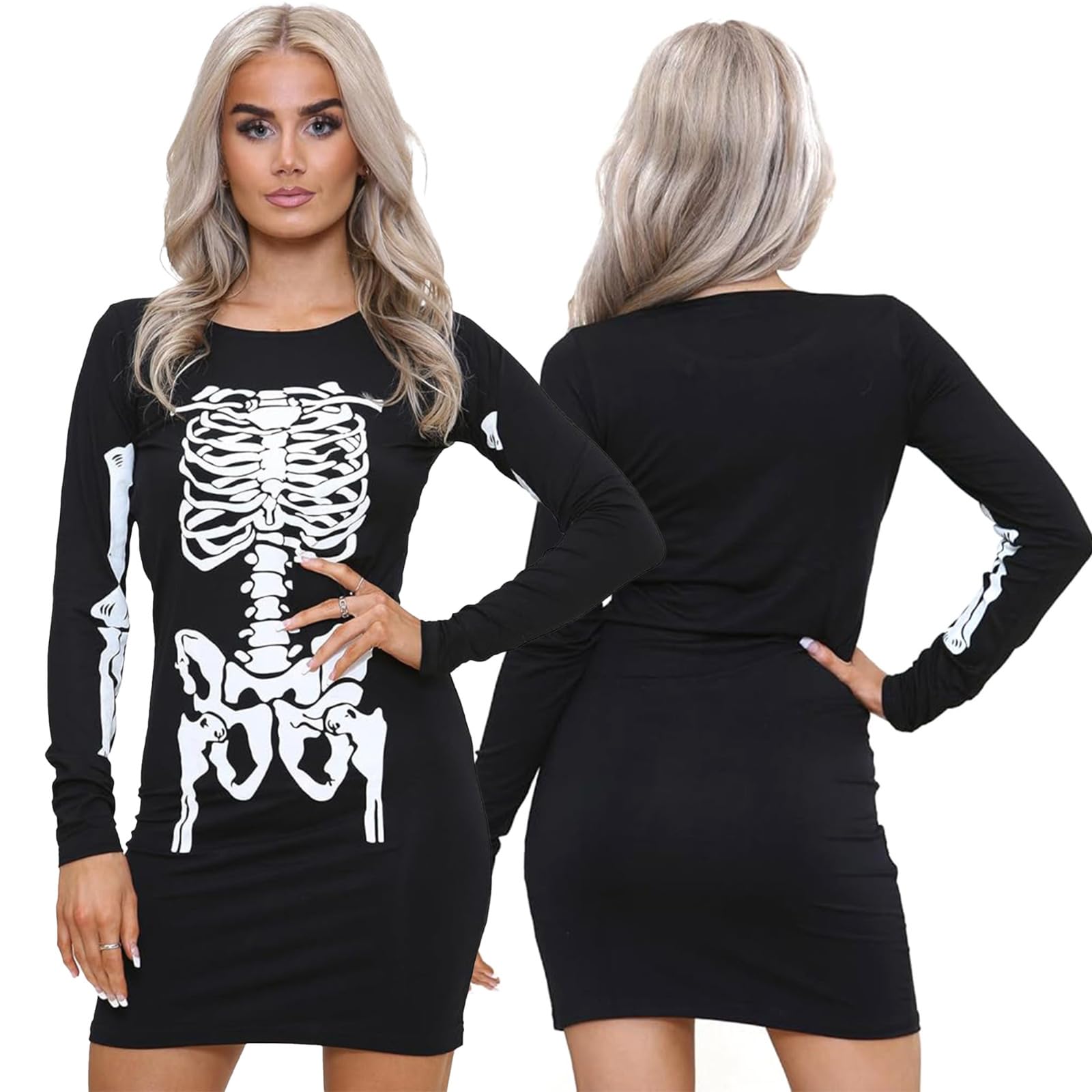 NOROZE Skeleton Costume Women | Ladies Halloween Skeleton Dress Long Sleeve Bodycon Skeleton Outfit | Skull Bones Printed Top Tunic | Halloween Skeleton Costume Adult Women Party Dress