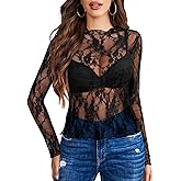 PT Haahoos Mesh Long Sleeve Tops for Women Mock Neck Sexy Sheer Shirts See Through Party Club Night Lace Blouses