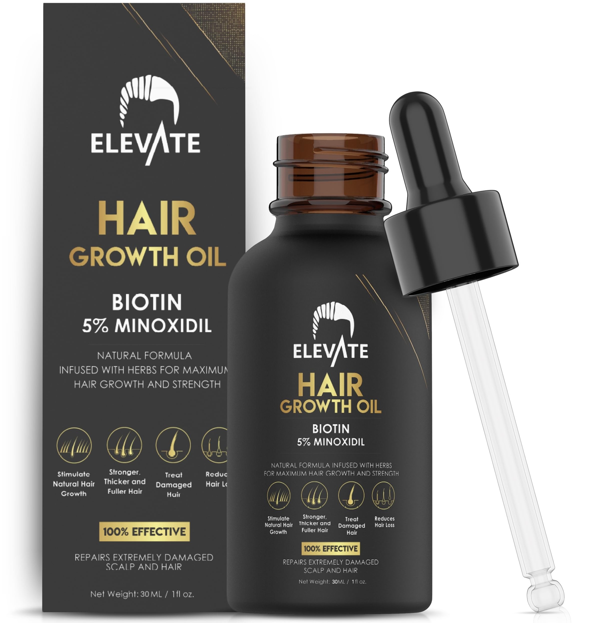 Elevate Hair Regrowth Treatment 5% Minoxidil Serum - Biotin Infused Growth Oil for Men & Women - Stop Thinning & Shedding - Restore Follicle Strength & Density for Fuller, Stronger, Healthier Hair 1oz