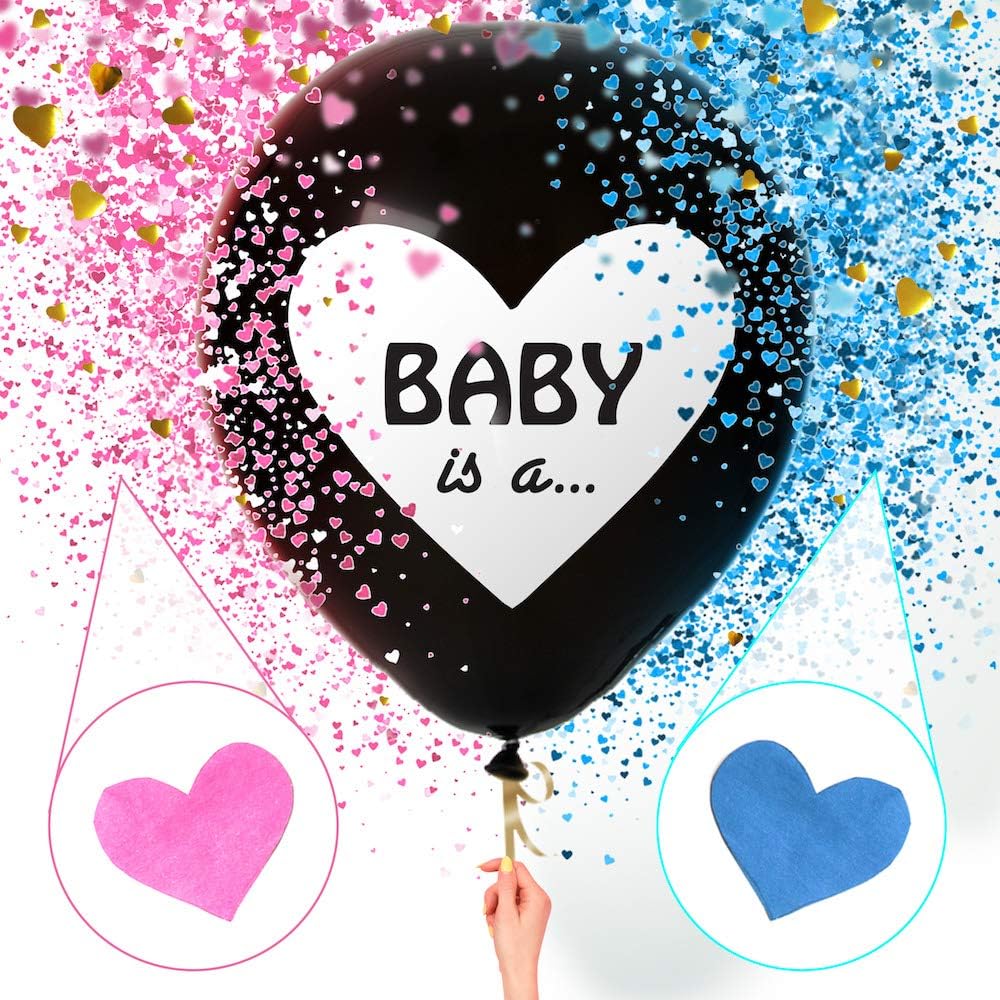 Sweet Baby Co. Jumbo 36 Inch Baby Gender Reveal Balloon | Big Black Balloons with Pink and Blue Heart Shape Confetti Packs for Boy or Girl | Baby Shower Gender Reveal Party Supplies Decoration Kit: Toys & Games