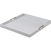 20x20 Inches Large Silver Faux Leather Wrapped Wood Ottoman Tray with Handles for All Occasions, Serving Food Breakfast On Bed, Home Decor Decorative, Living Room,Square Coffee Table Organizer