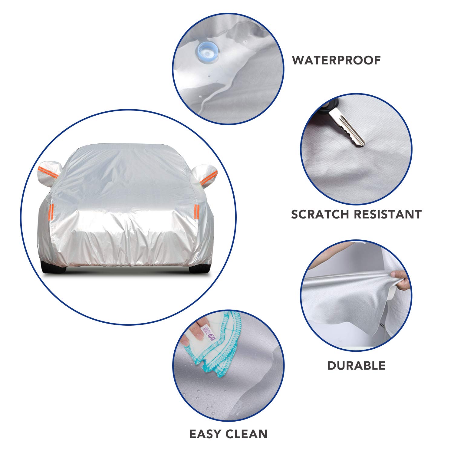 Car Cover Universal Full Car Covers with Zipper Door 6 Layers All Weather Protection Waterproof Windproof Dustproof Scratch Resistant Outdoor UV Protection Car Reflective Strips for Sedan Wagon Use