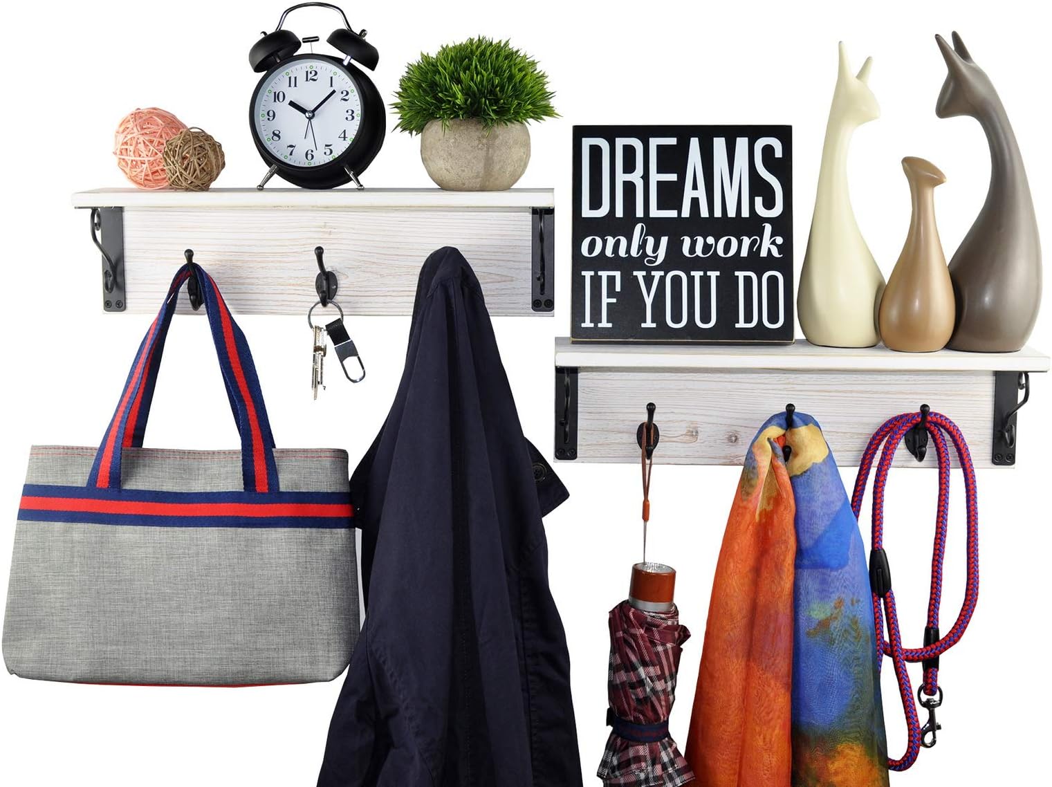 Spiretro Coat Hook Rack with Shelf, Wall Floating Shelves with Leash Key Holder, Hat Bag Organize, Storage, Decorative for Entryway, Hallway, Bedroom, Set of 2, Rustic Wood White