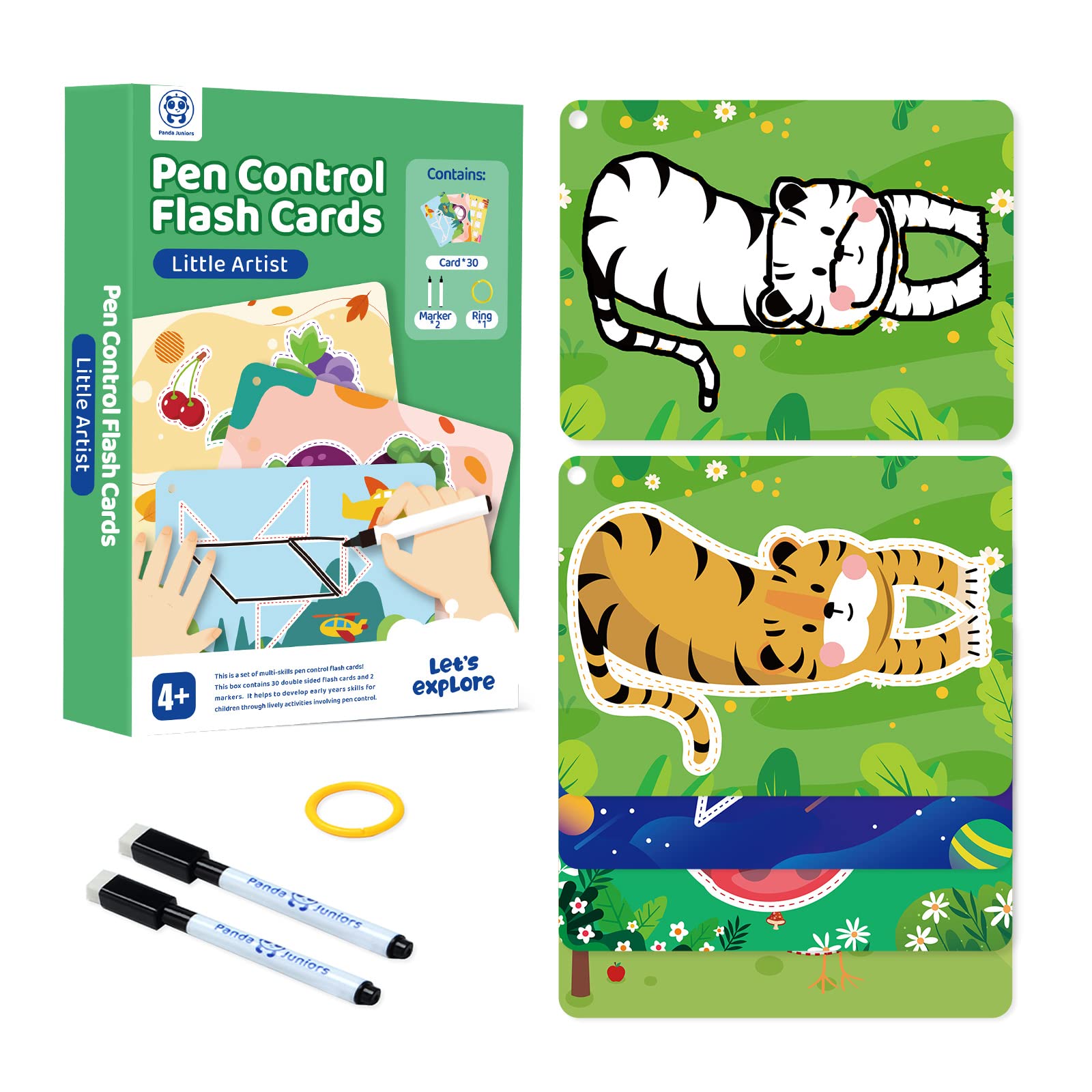 Panda Juniors Large Flash Cards for Kids Ages 4+ | Little Artist Drawing & Creativity Set | Reusable Write & Wipe Cards with 2 Markers & Ring – Preschool Learning Toy (30 Cards)