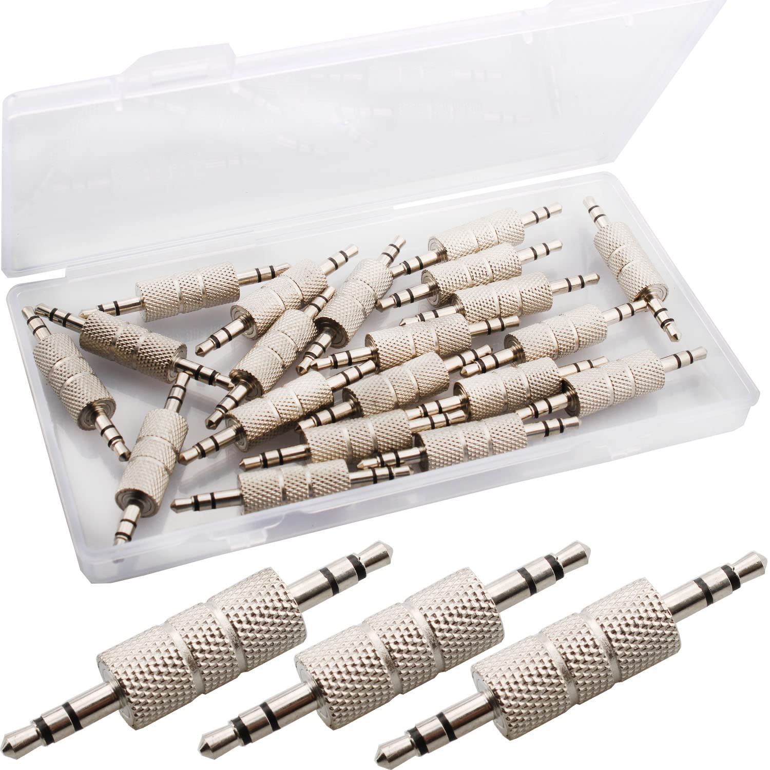 RUNCCI-YUN 20PCS 3.5mm Male to Male Audio Adapter, Metal Silver 3 Pole TRS 3.5mm Stereo Jack to 3.5mm Stereo Jack Adapter, 1/8 Inch Male to Male Audio Headphone Jack Coupler Connectors