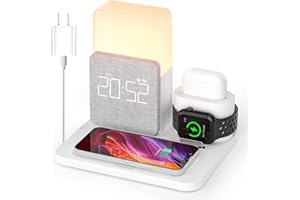COLSUR Wireless Charging Station, 7 in 1 Charging Station, Alarm Clock with Wireless Charger, Night Light, iPhone 12/13/14/15/16/17 Pro/Pro Max13 Mini/13 Pro Max/12 pro, AirPods