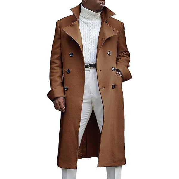 Ebifin Men's Notch Lapel Double Breasted Long Trench Coat