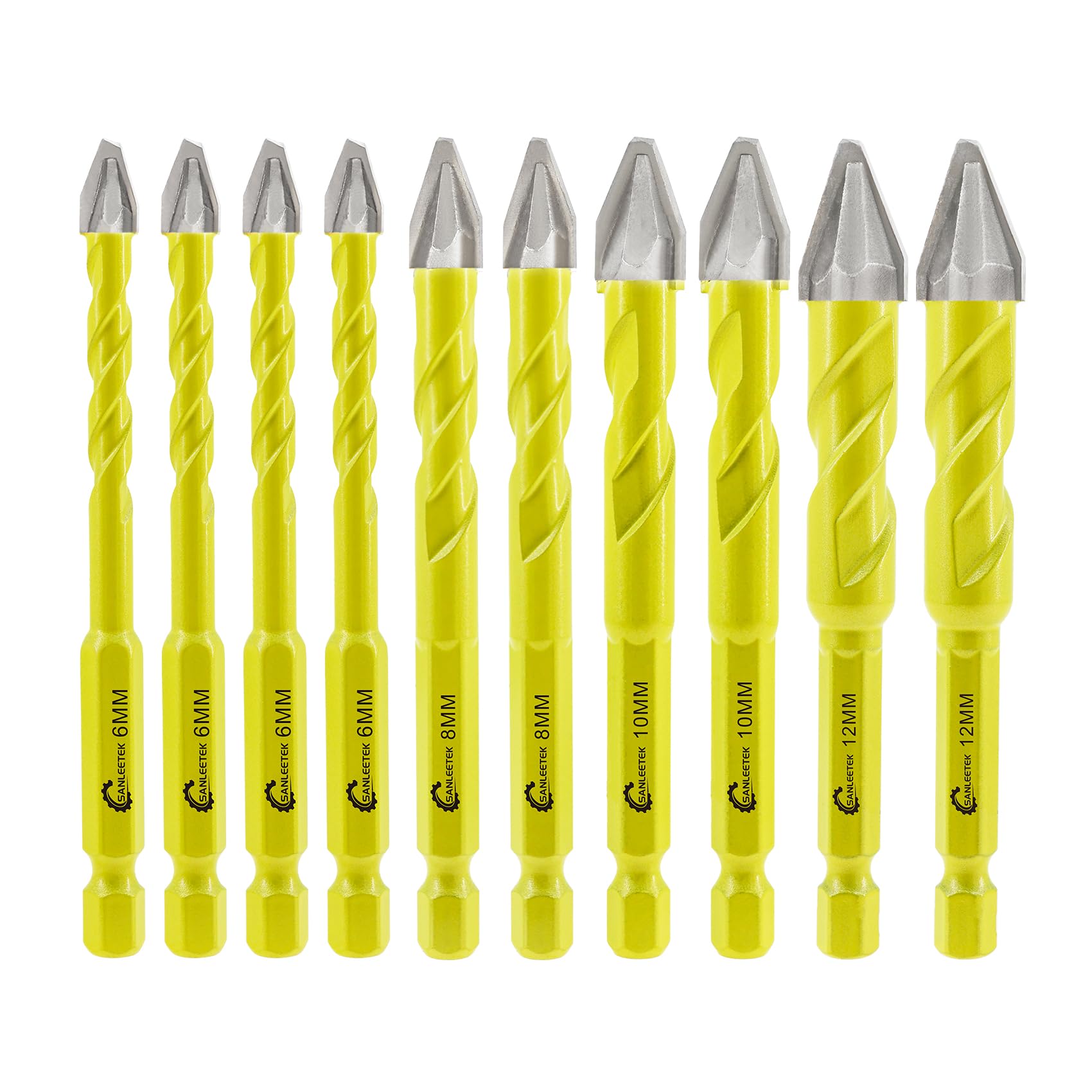 Skewed Head Eccentric Drill Bits Set - SANLEETEK Masonry Drill Bit Set for Wood Plastic Masonry Ceramic Tile Concrete Marble 10pcs 6mm*4+8mm*2+10mm*2+12mm*2, Quick Change Hex Shank