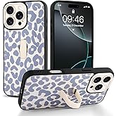 Jefonha Compatible with iPhone 16 Pro Case with Finger Hand Strap Kickstand, Trendy Cool Leopard Cheetah Print Phone Case for Women Men, Full Camera Protection Shockproof Protective Cover, White