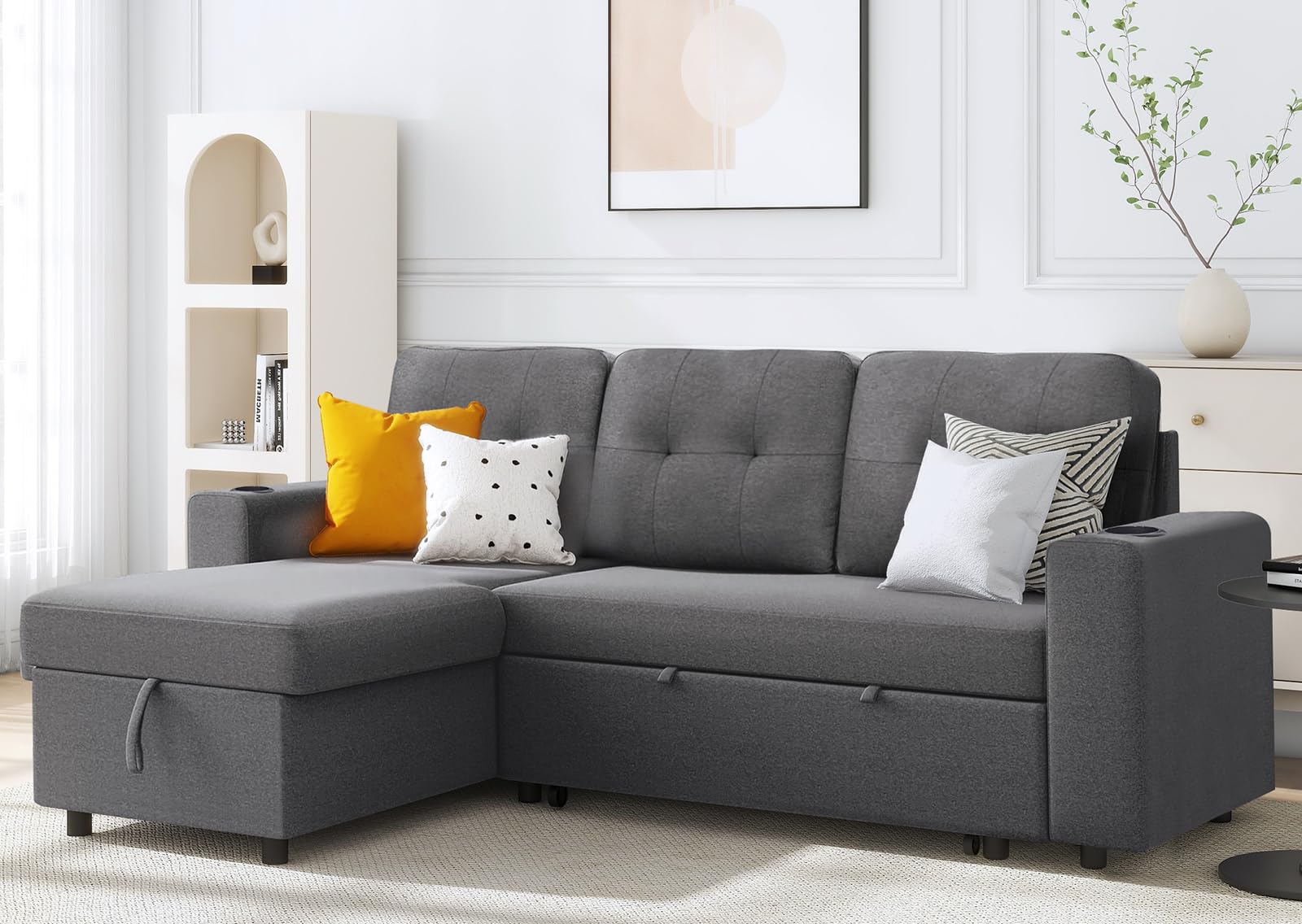 Photo 1 of ()truck/trailer pick up only)
IULULU L Shaped Sectional Sofa, 82 Inch Convertible Sleeper Couch with Pullout Bed, Storage Chaise, Cupholders, 2 in 1 Pull Out Couch for Living Room, Apartment, Charcoal Grey