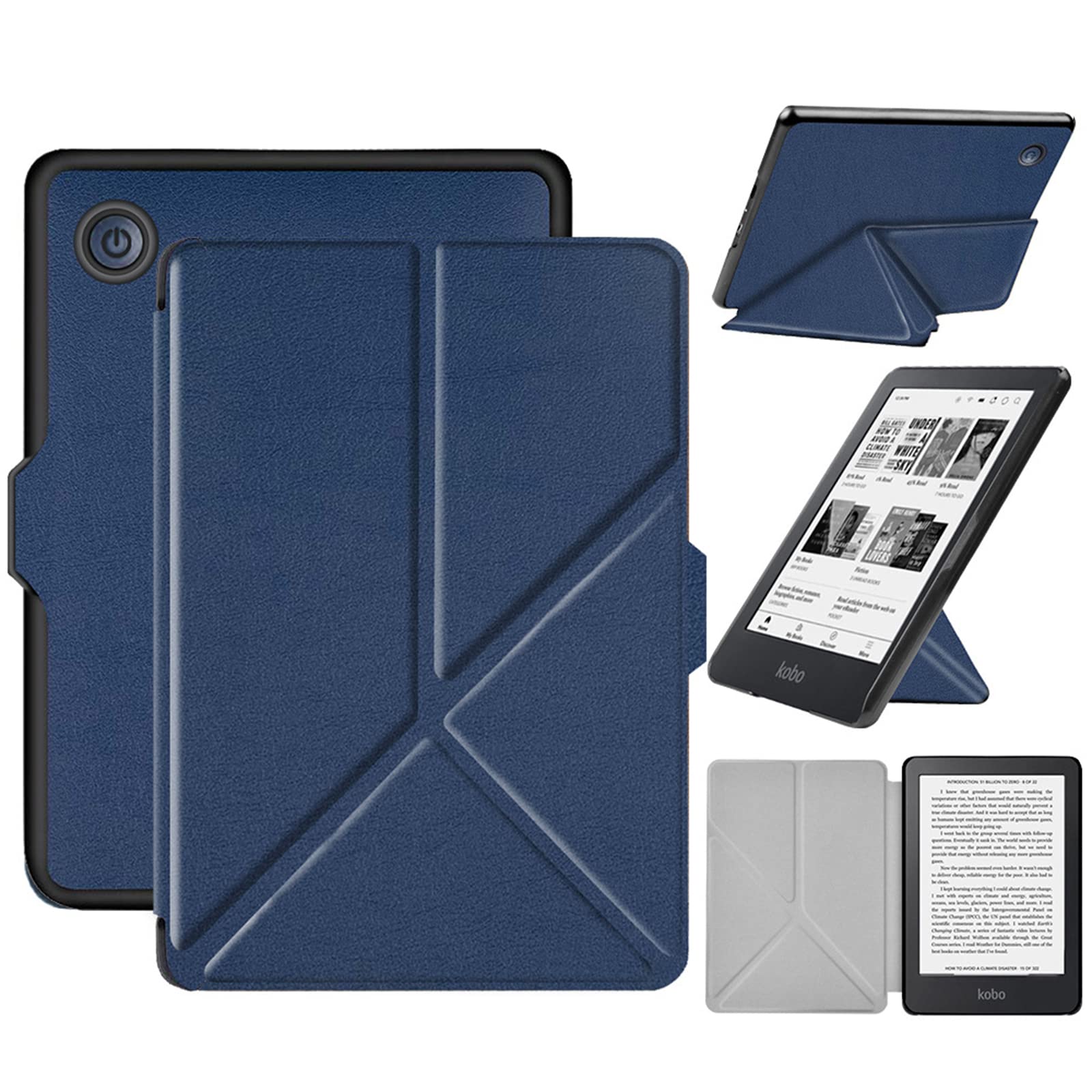 Miimall Case Compatible with Kobo Clara 2E, [Origami Standing] [Auto Wake/Sleep] PU Leather Shell Shockproof Ultra Slim Lightweiht Case Cover for Kobo Clara 2E(Dark blue)