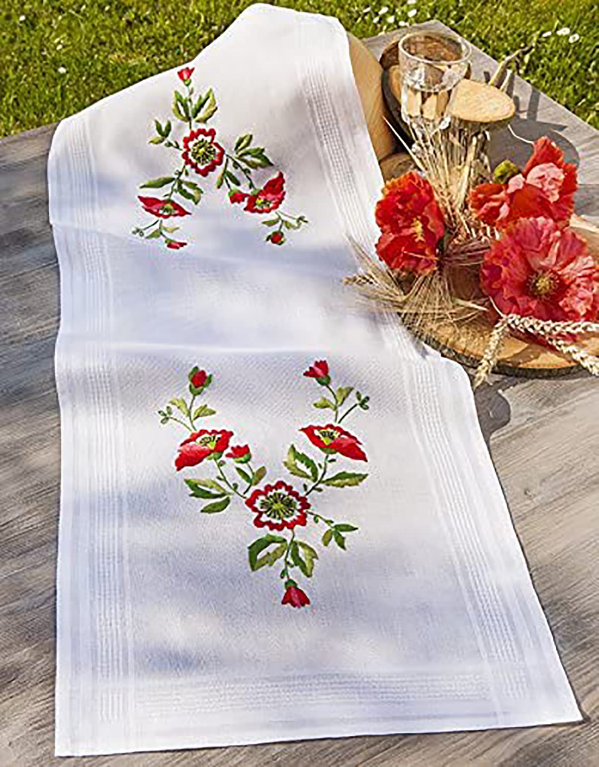KAMACA Poppy Flowers Embroidery Kit, 80 x 80 cm Cotton Table Runner, Magic Stem Stitch, Satin Stitch, for DIY Embroidery