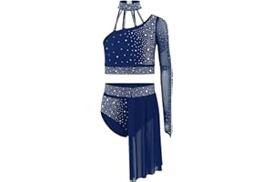 JIZYO Kids Girls Lyrical Dance Costume 2 Piece Outfit Single Sleeve Rhinestone Crop Top and Briefs Skirt Dress