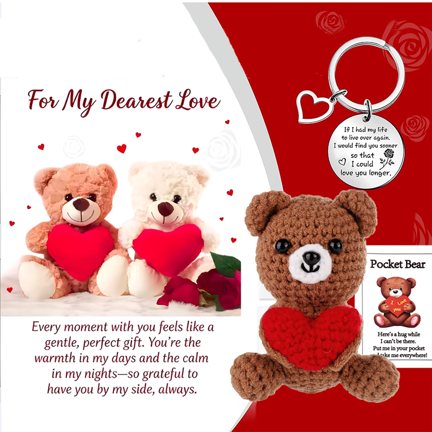 Posoto Positive Bear with Love Heart – Crochet Doll with Bear Greeting Card & Keychain, Cute Knitted Handmade Animal, Inspirational Support Gift for Valentine’s Day, Christmas, Birthday (Brown)