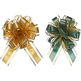 MECCANIXITY 10pcs 7 Inch Large Pull Bow Gift Wrapping Bows Ribbon Organza Bows Gold Green for Wedding Baskets Presents Christmas Party