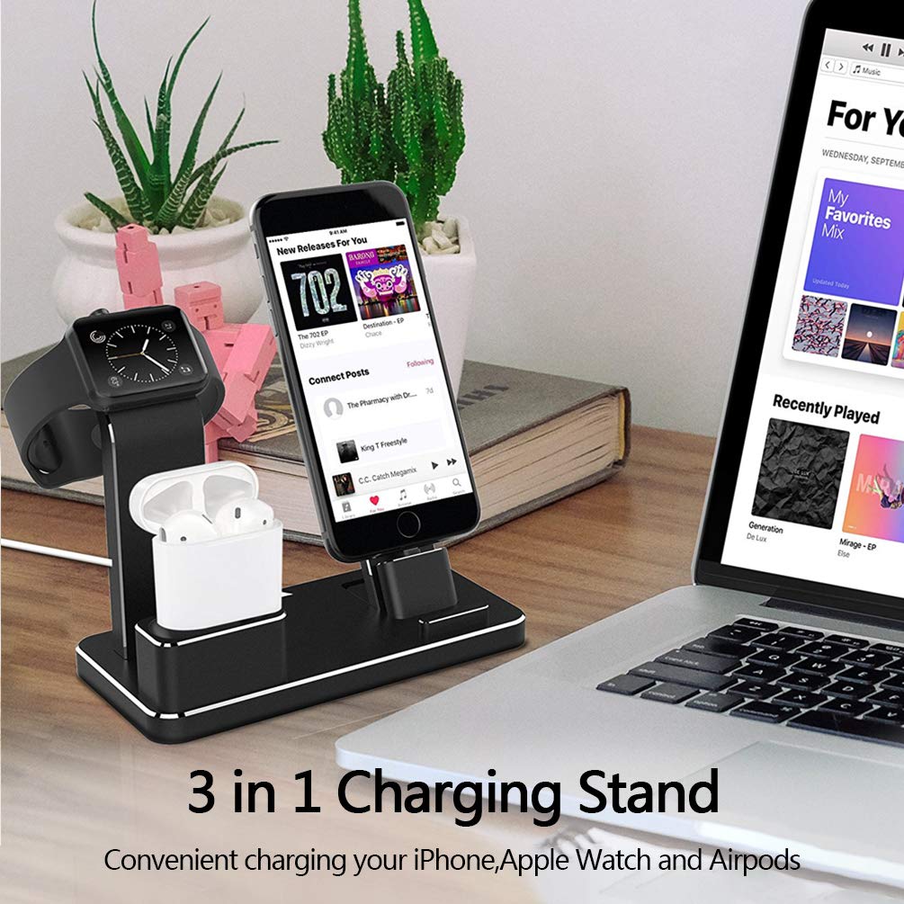 Tinfence Charging Stand for iWatch Charging Stand Dock Station for AirPods iWatch Series 4/3/2/1/ iPhone X/XS/XS Max/8/8Plus/7/7Plus/6S/6S Plus Black