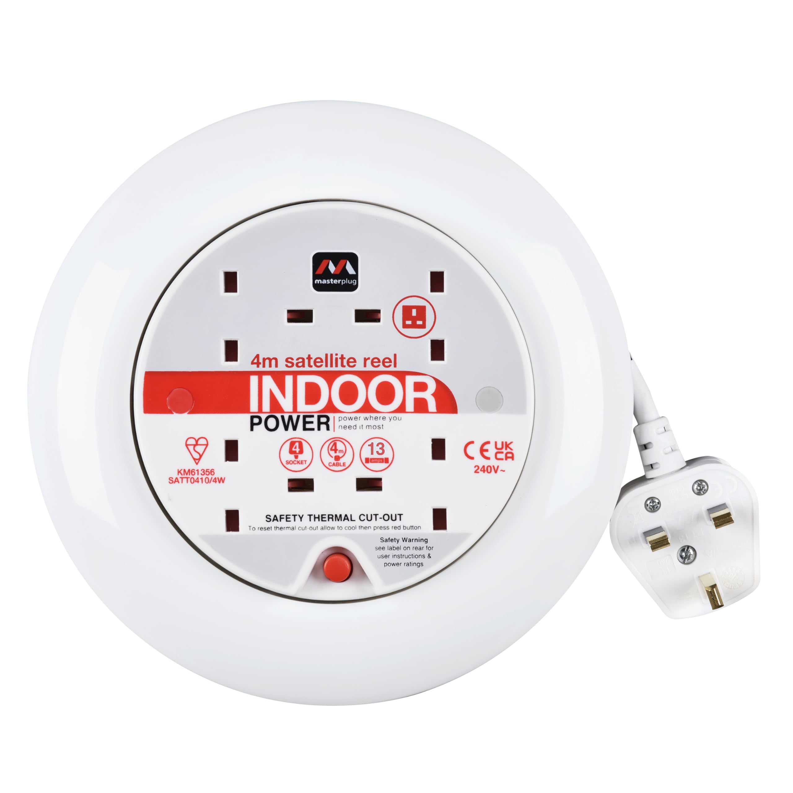 Masterplug Four Socket Slimline Cassette Reel Extension Lead, 4 Metres, White