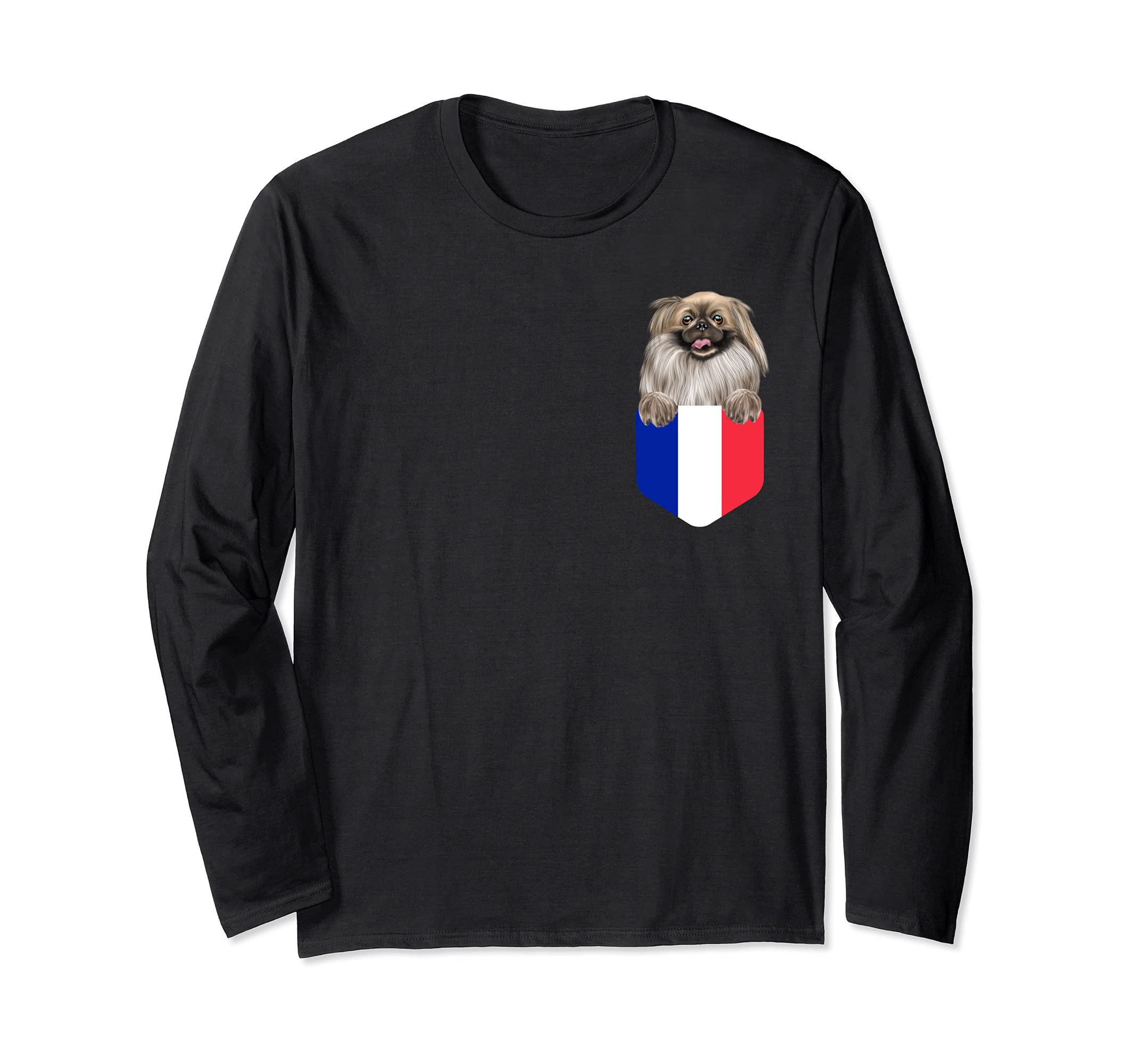 France Flag Pekingese Dog In Pocket Long Sleeve T-Shirt