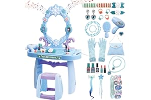 deAO Toddler Vanity Makeup Table Toy with Mirror & Chair,Kids Vanity with Light&Music,Pretend Play Makeup Toy with Hair Dryer Toy,Toddler Beauty Salon Set,Gift for Girls 3 4 5