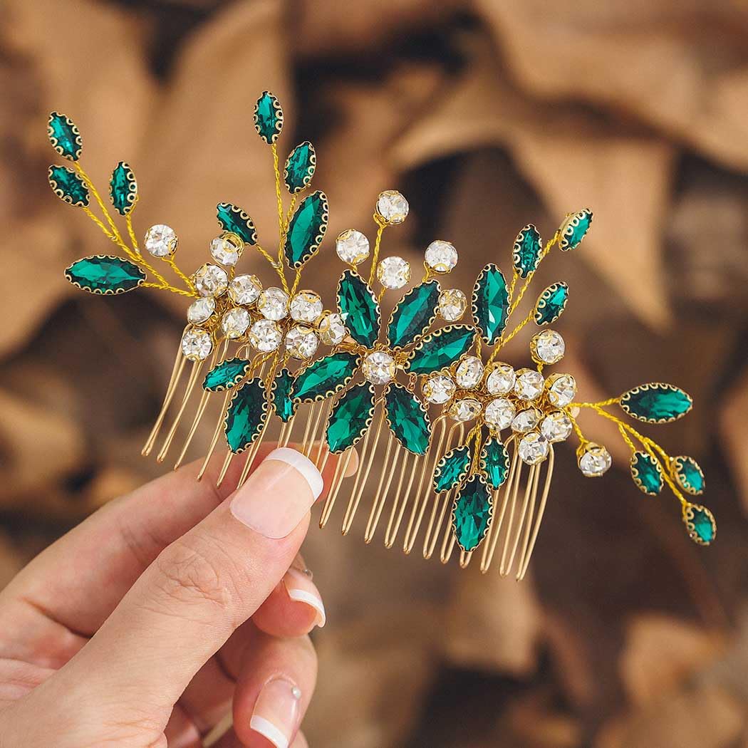 IYOU Crystal Wedding Hair Comb Green Rhinestone Guest Headpiece Bridal Hair Accessories for Women